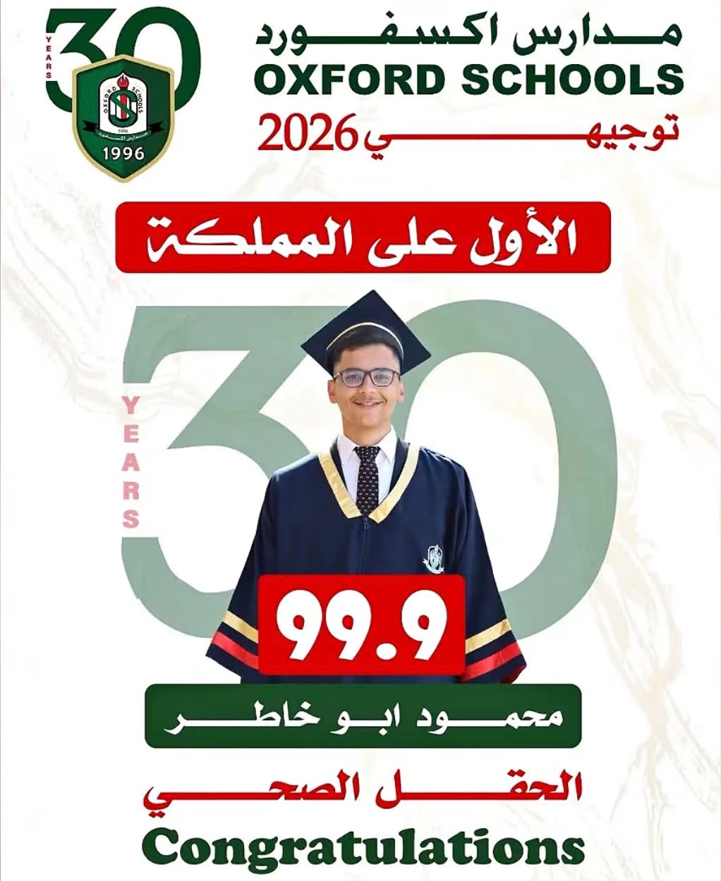 مدارس أكسفورد تحتفي بطالبها محمود أبو خاطر ..  الأول على المملكة في الحقل الصحي