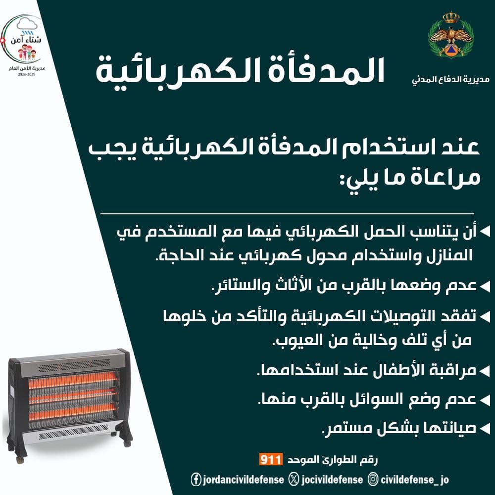 مديرية الأمن العام تحذر من المنخفض الجوي المتوقع مساء اليوم 